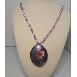 Vintage Gold Tone Cloisonné Purple Lily Pendant Cord Necklace Enamel